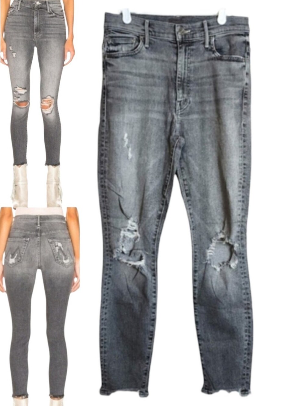 Mother Womens The Swooner Ankle Chew Scene Of The Crime Grey Distressed Jeans 29